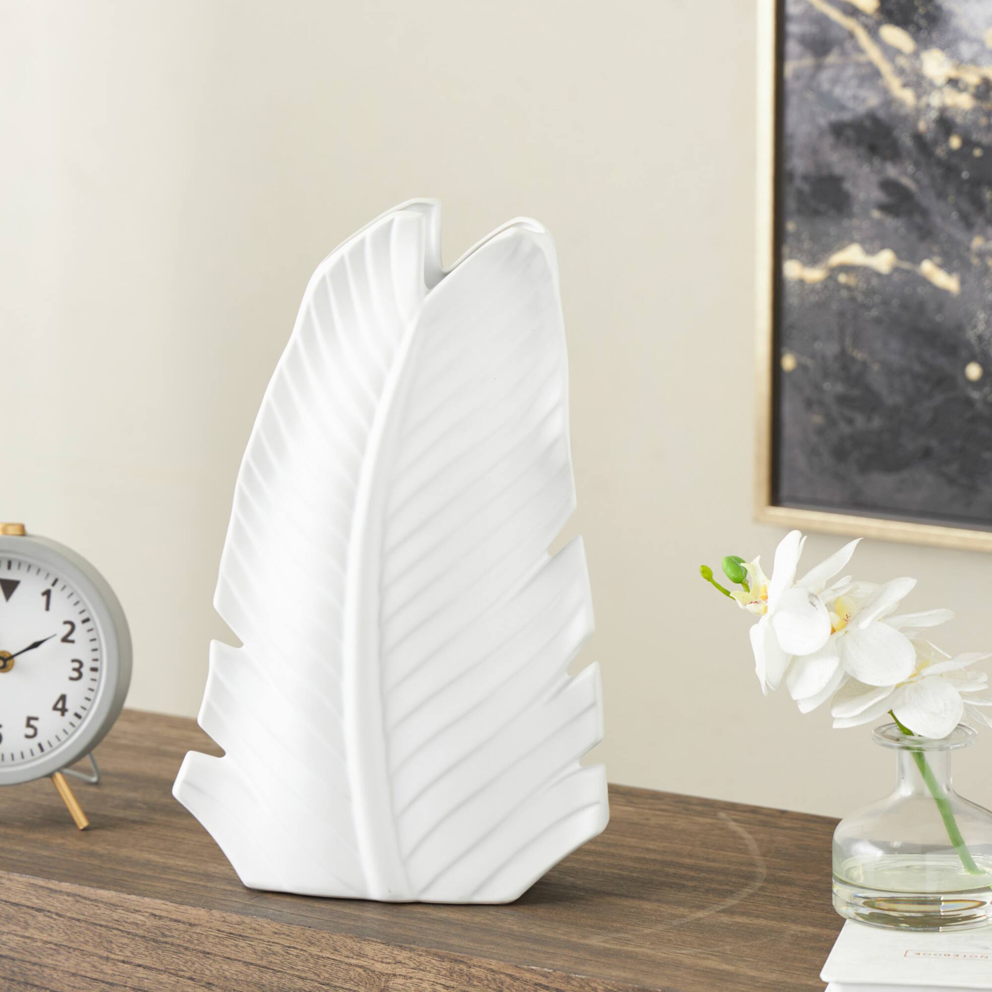 15" White Ceramic Palm Leaf Vase